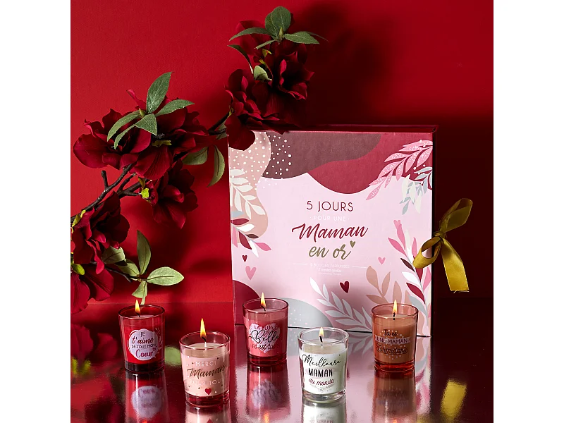 Bougie Parfumee X5 Calendrier Maman Rouge, Rose, Blanc