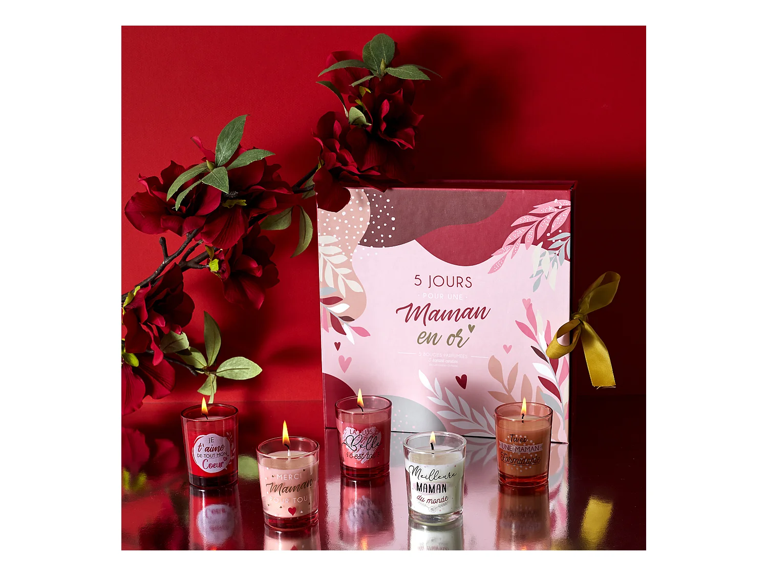 Bougie Parfumee X5 Calendrier Maman Rouge, Rose, Blanc