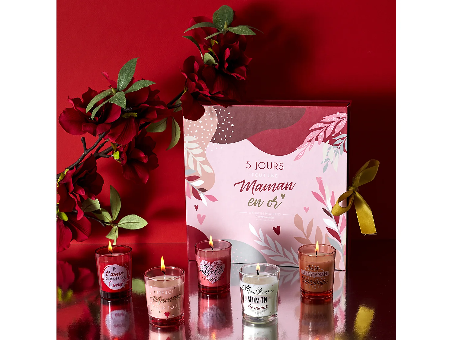 Bougie Parfumee X5 Calendrier Maman Rouge, Rose, Blanc