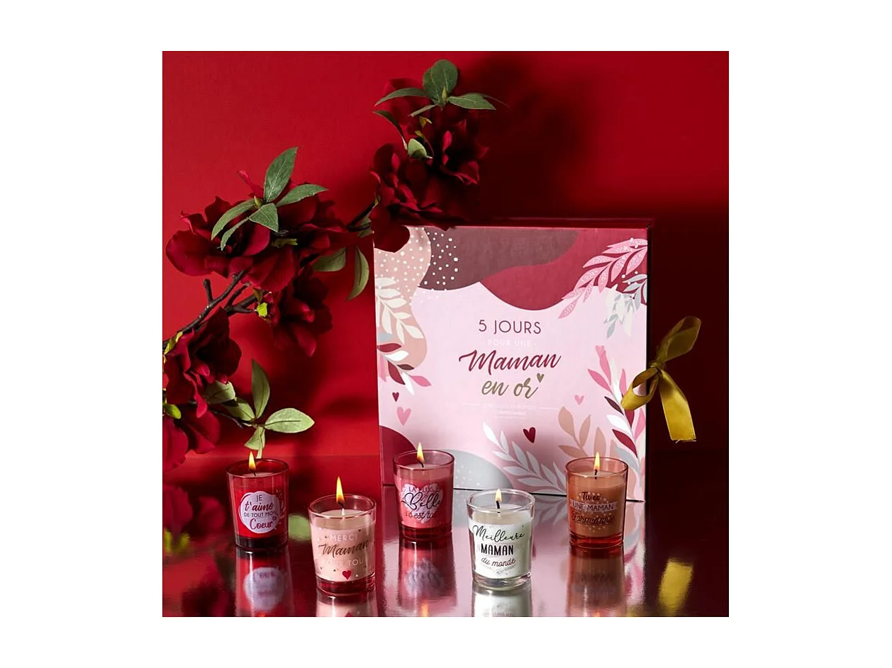 Bougie Parfumee X5 Calendrier Maman Rouge, Rose, Blanc