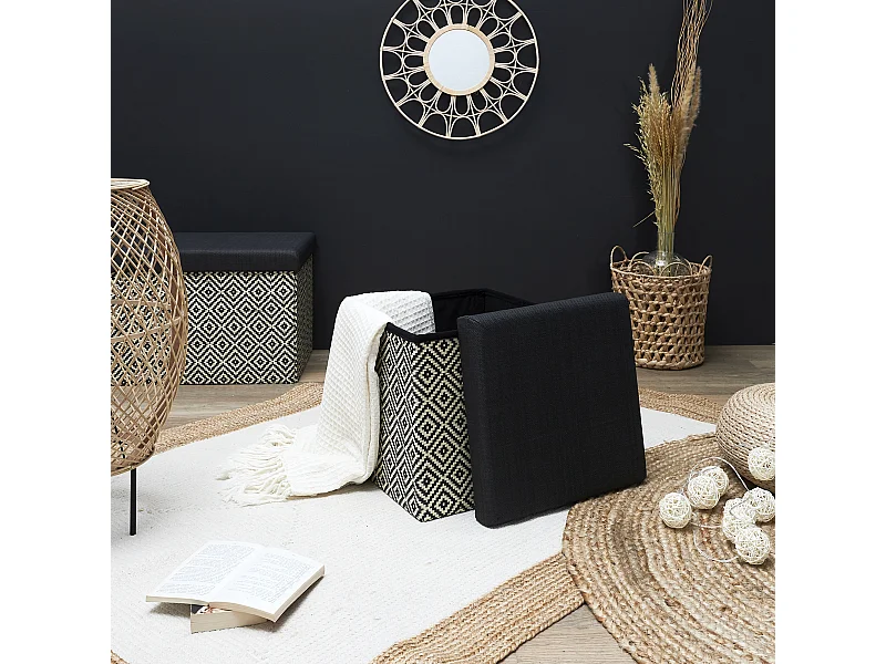 Coffre Pouf Pliable Tresse Noir Noir, Marron