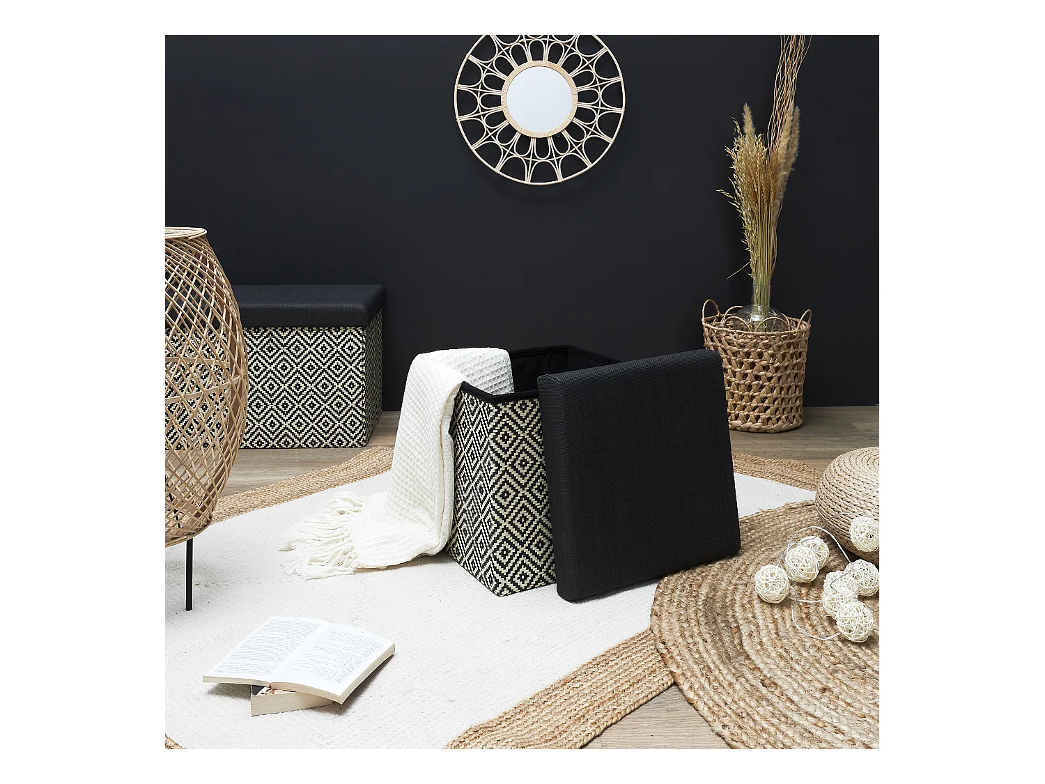 Coffre Pouf Pliable Tresse Noir Noir, Marron