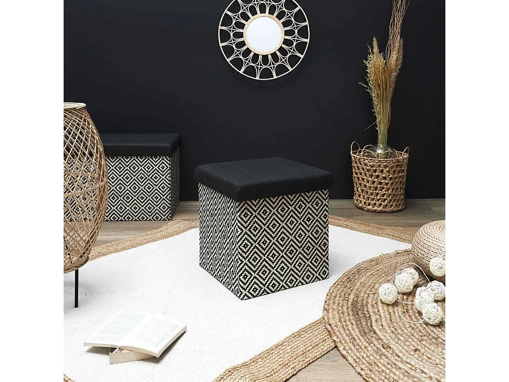 Coffre Pouf Pliable Tresse Noir Noir, Marron