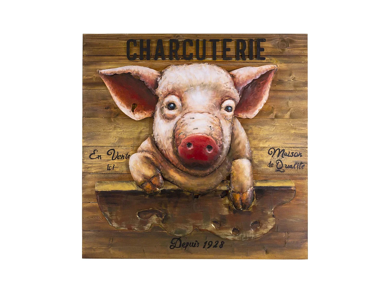 Tableau cochon en pin et fer Charcuterie 80 x 9 x 80 cm