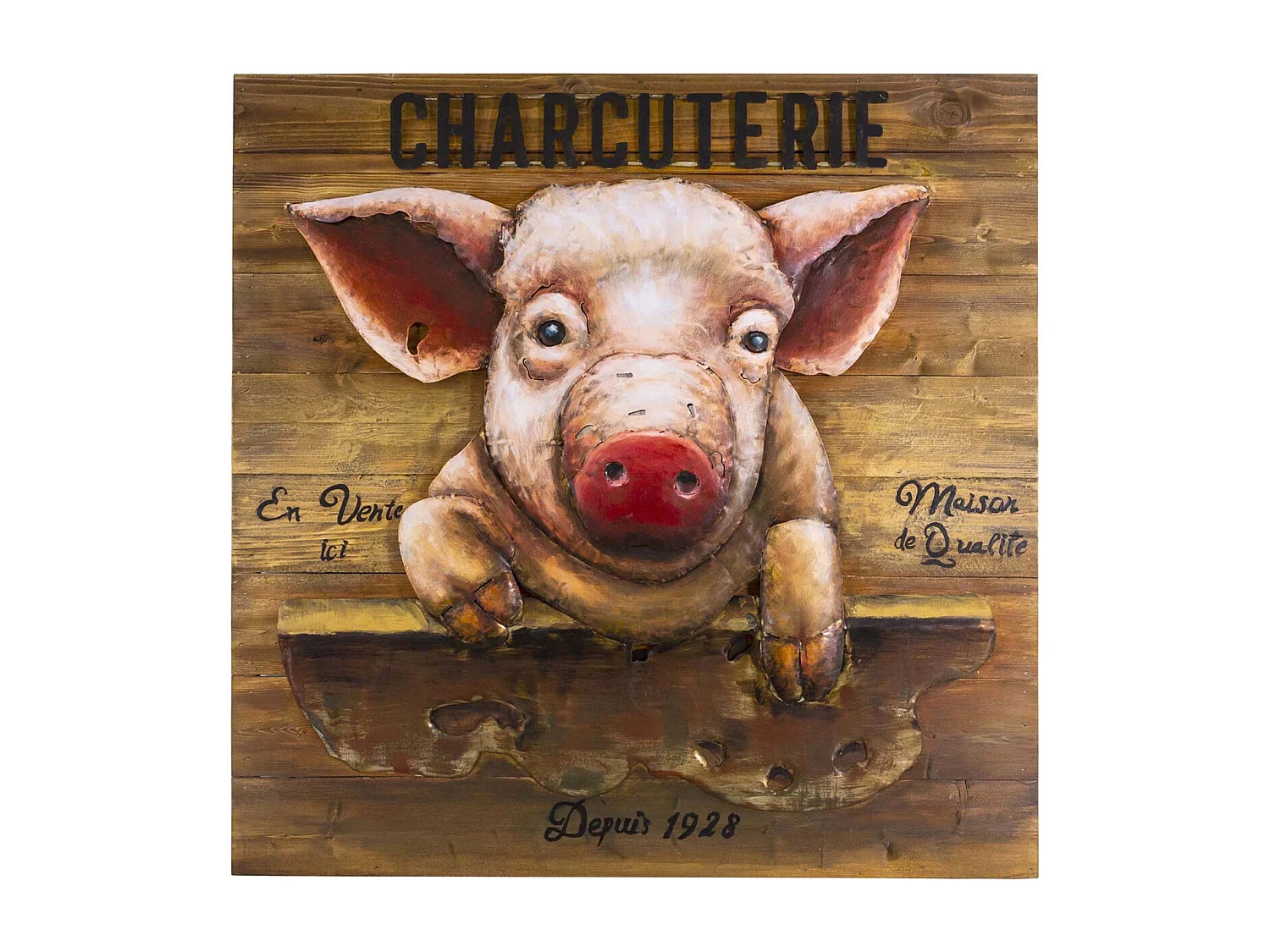 Tableau cochon en pin et fer Charcuterie 80 x 9 x 80 cm