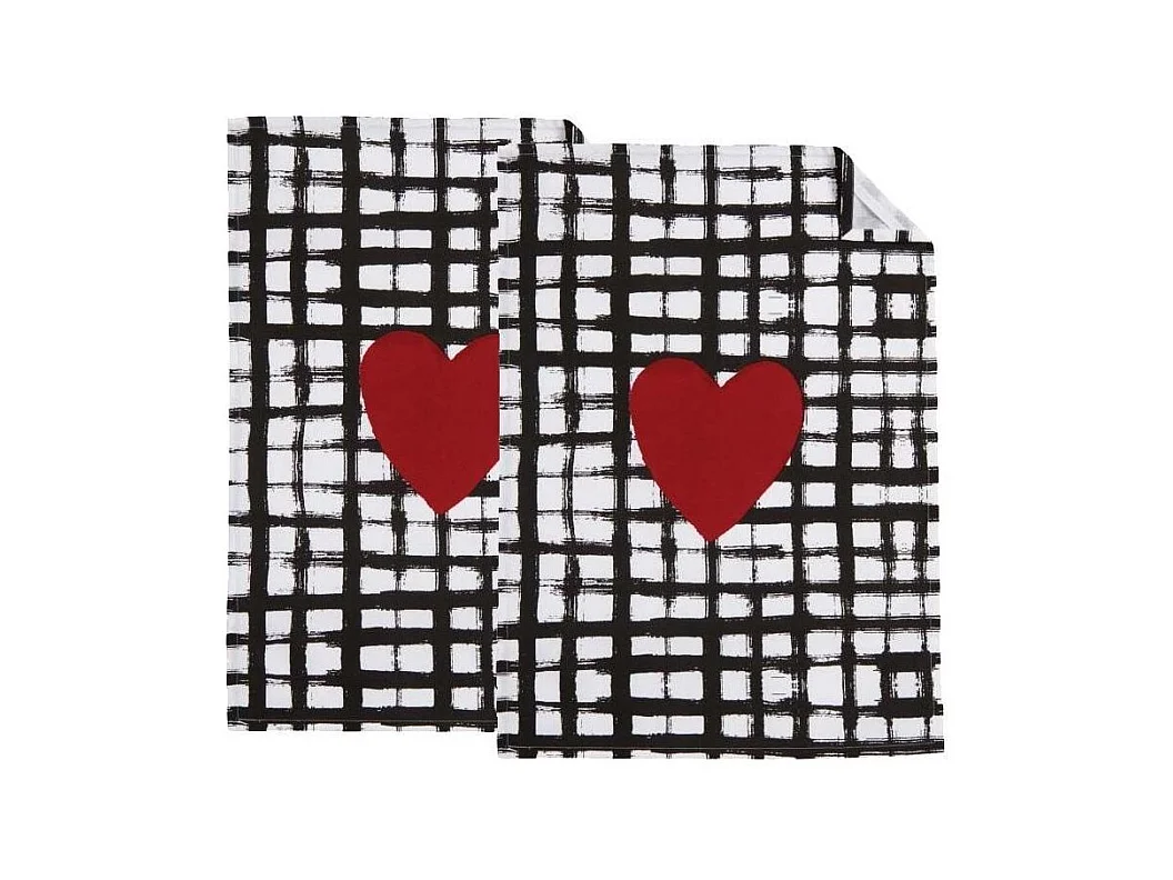 Torchon de cuisine en coton (Lot de 2) Coeur noir blanc rouge