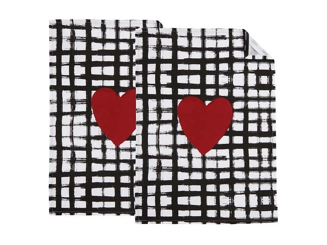 Torchon de cuisine en coton (Lot de 2) Coeur noir blanc rouge