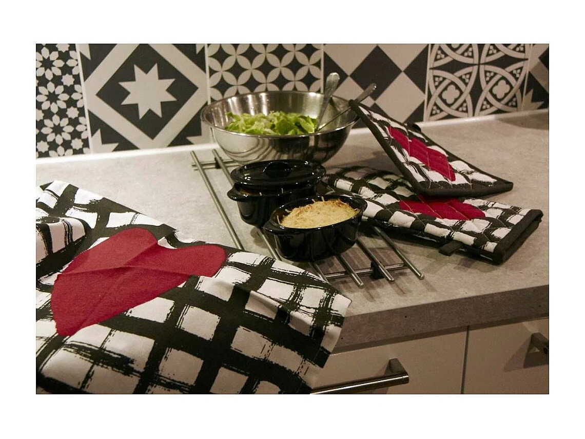 Torchon de cuisine en coton (Lot de 2) Coeur noir blanc rouge