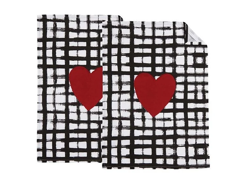 Torchon de cuisine en coton (Lot de 2) Coeur noir blanc rouge