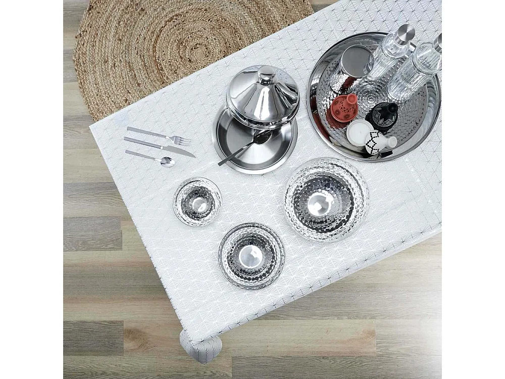 Nappe Motif Geometrique Argente 140x250cm Blanc, Argent