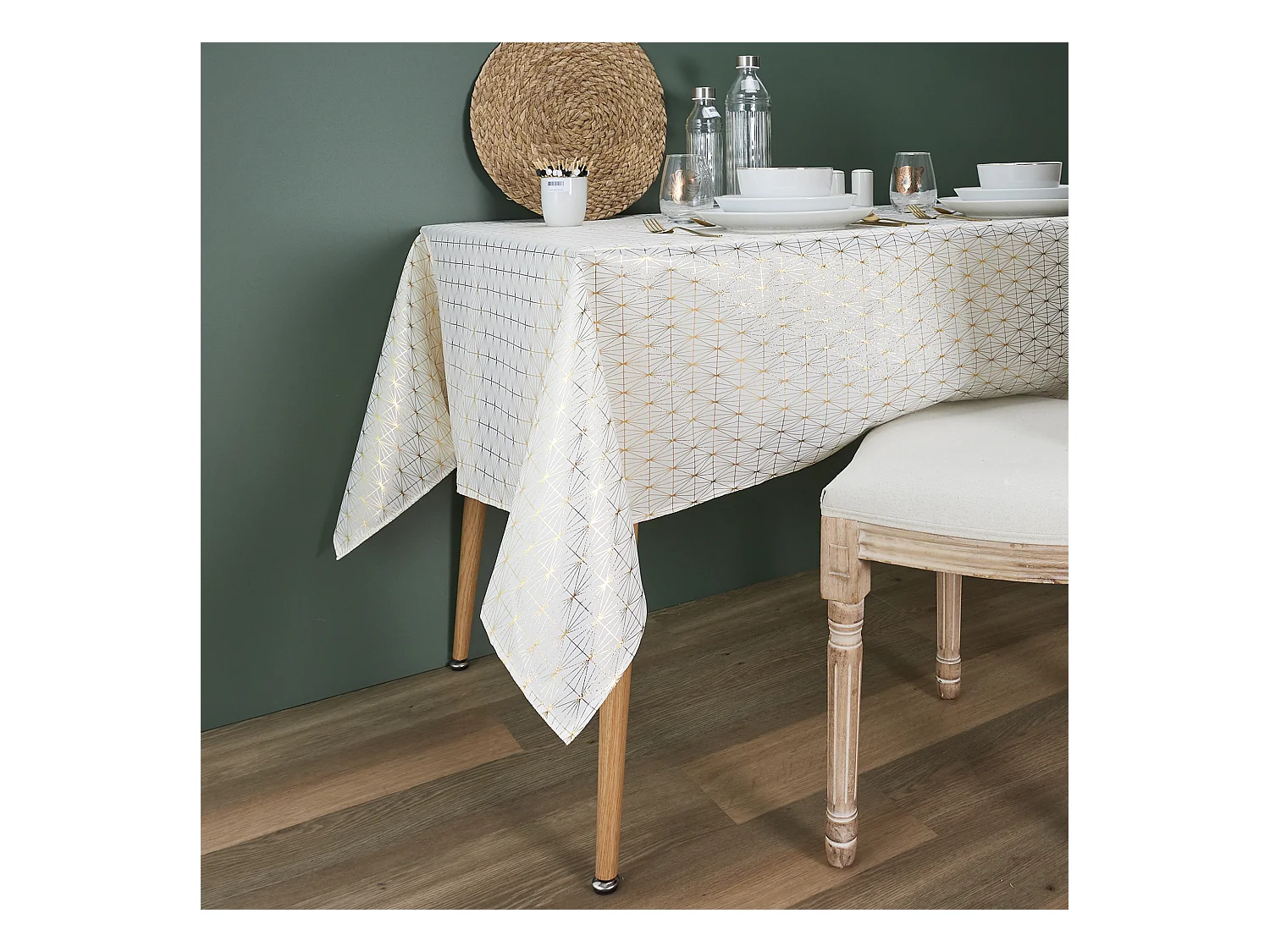 Nappe Motif Geometrique Dore 140x250cm Blanc, Or