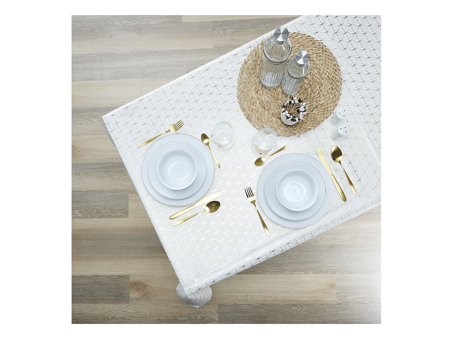 Nappe Motif Geometrique Dore 140x250cm Blanc, Or