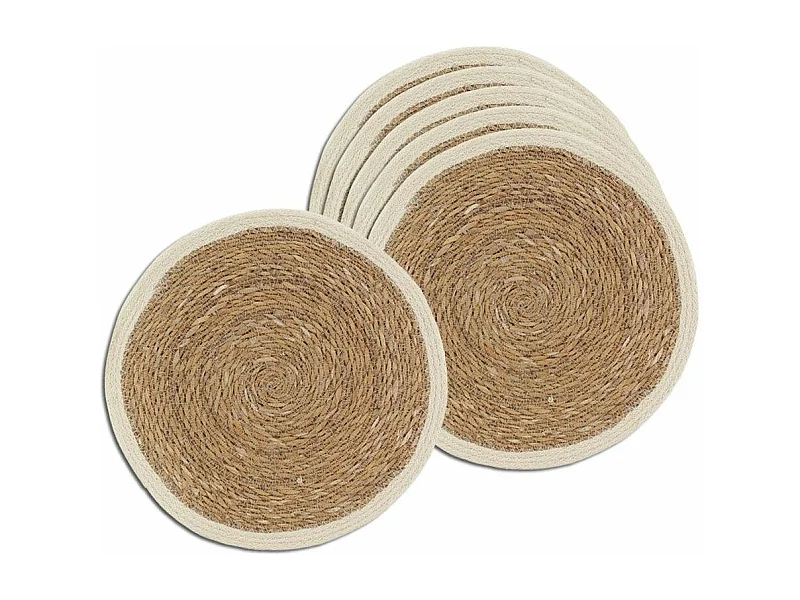 Sets de table ronds en jonc naturel et jute teinté (Lot de 6)