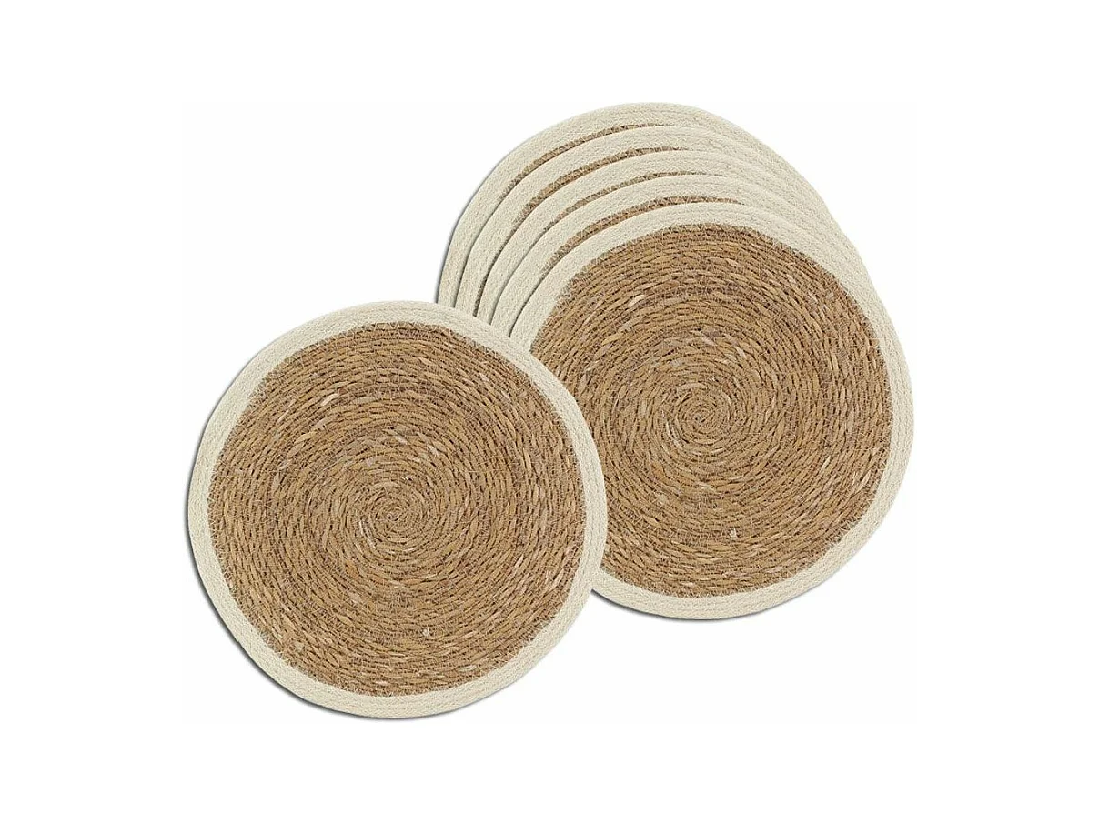 Sets de table ronds en jonc naturel et jute teinté (Lot de 6)