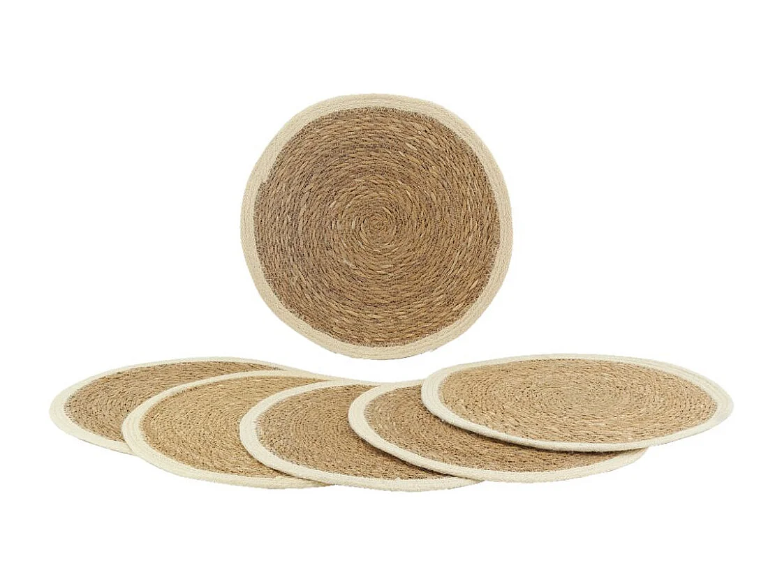 Sets de table ronds en jonc naturel et jute teinté (Lot de 6)