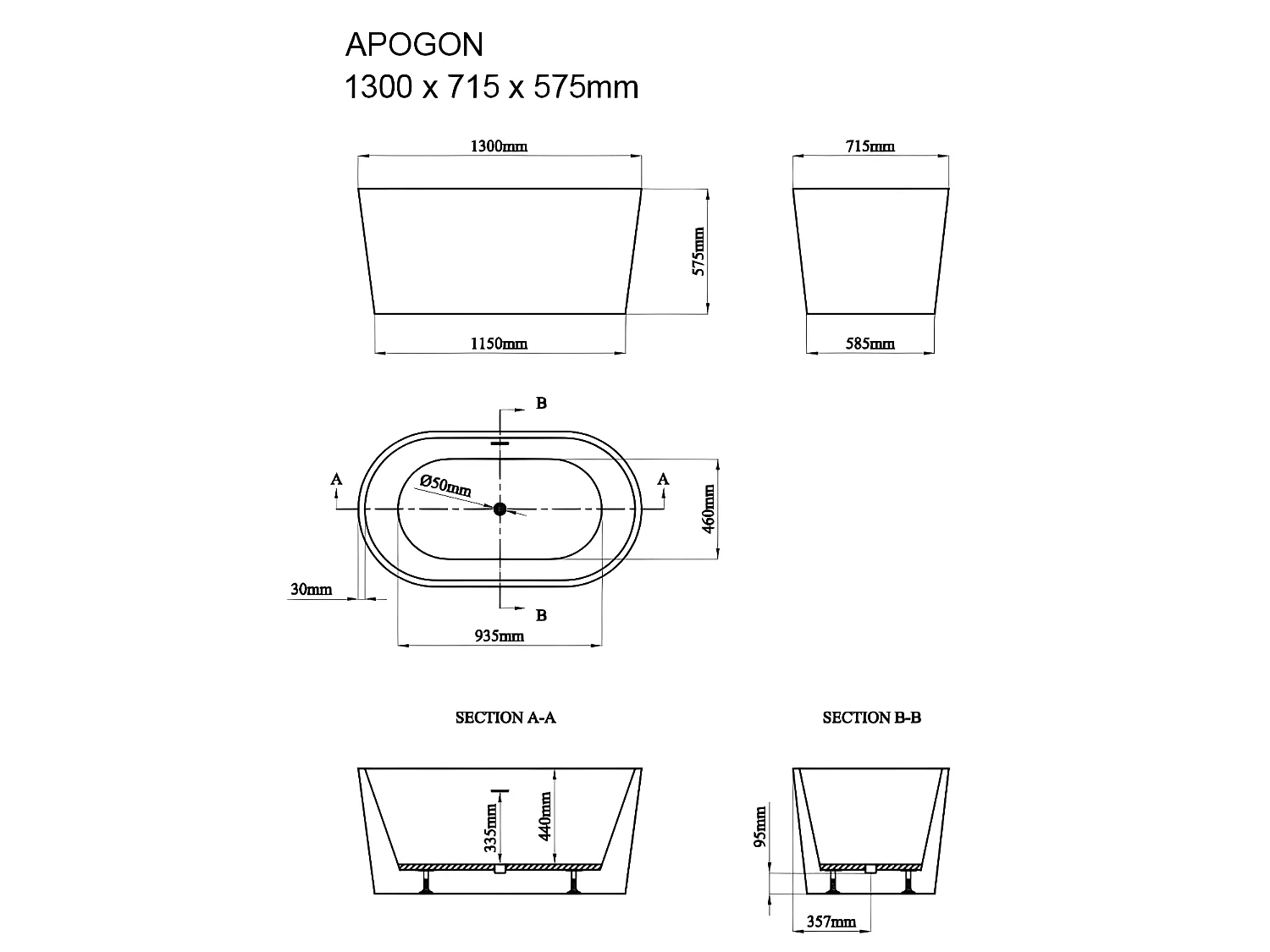 Bañera exenta ovalada - 180L - 130 x 71 x 58 cm - Negra - Acrílica - APOGON