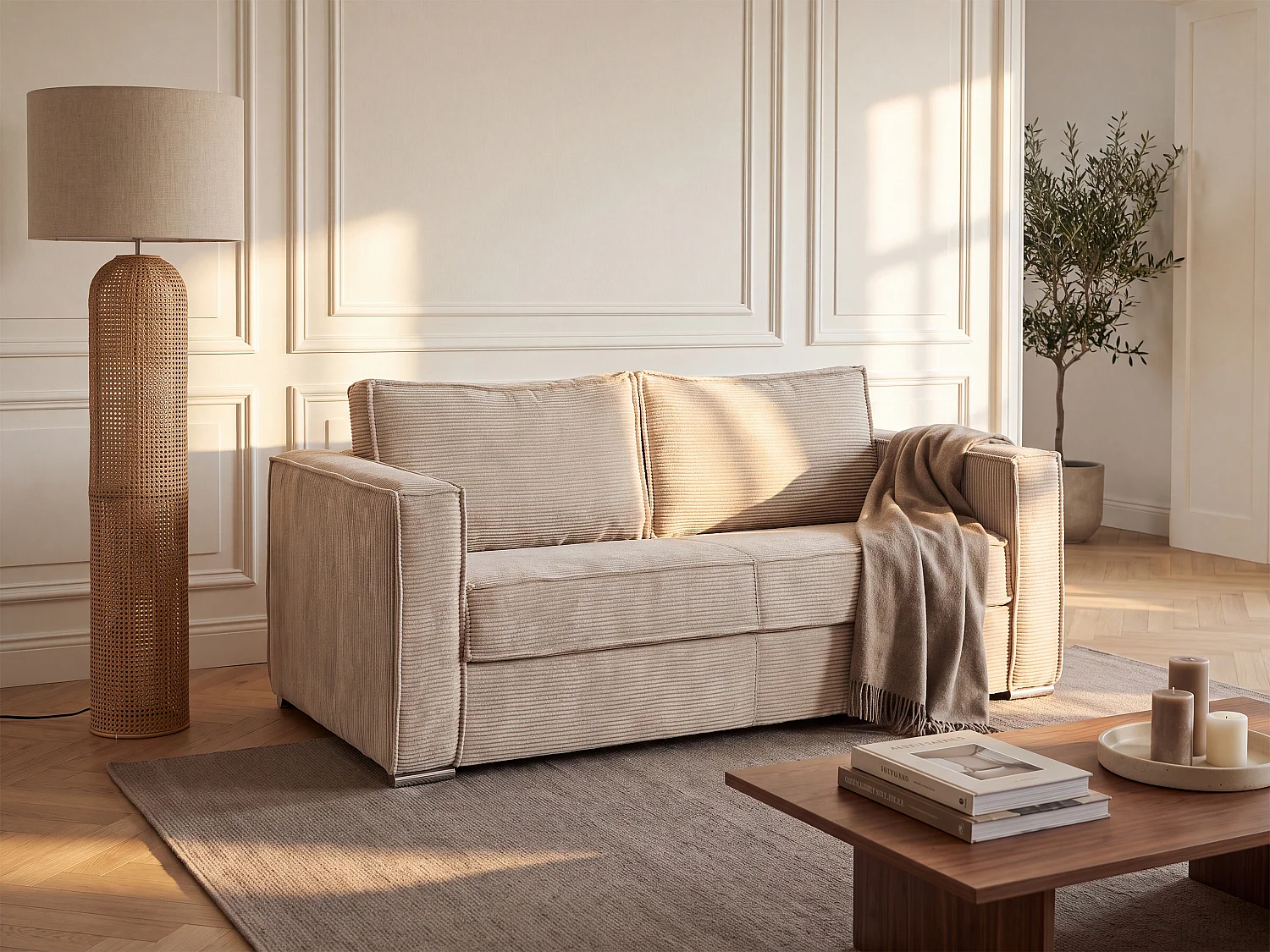 Canapé 3 places convertible express en velours côtelé beige - Couchage à lattes larges 140 cm - Matelas 14 cm LORETO