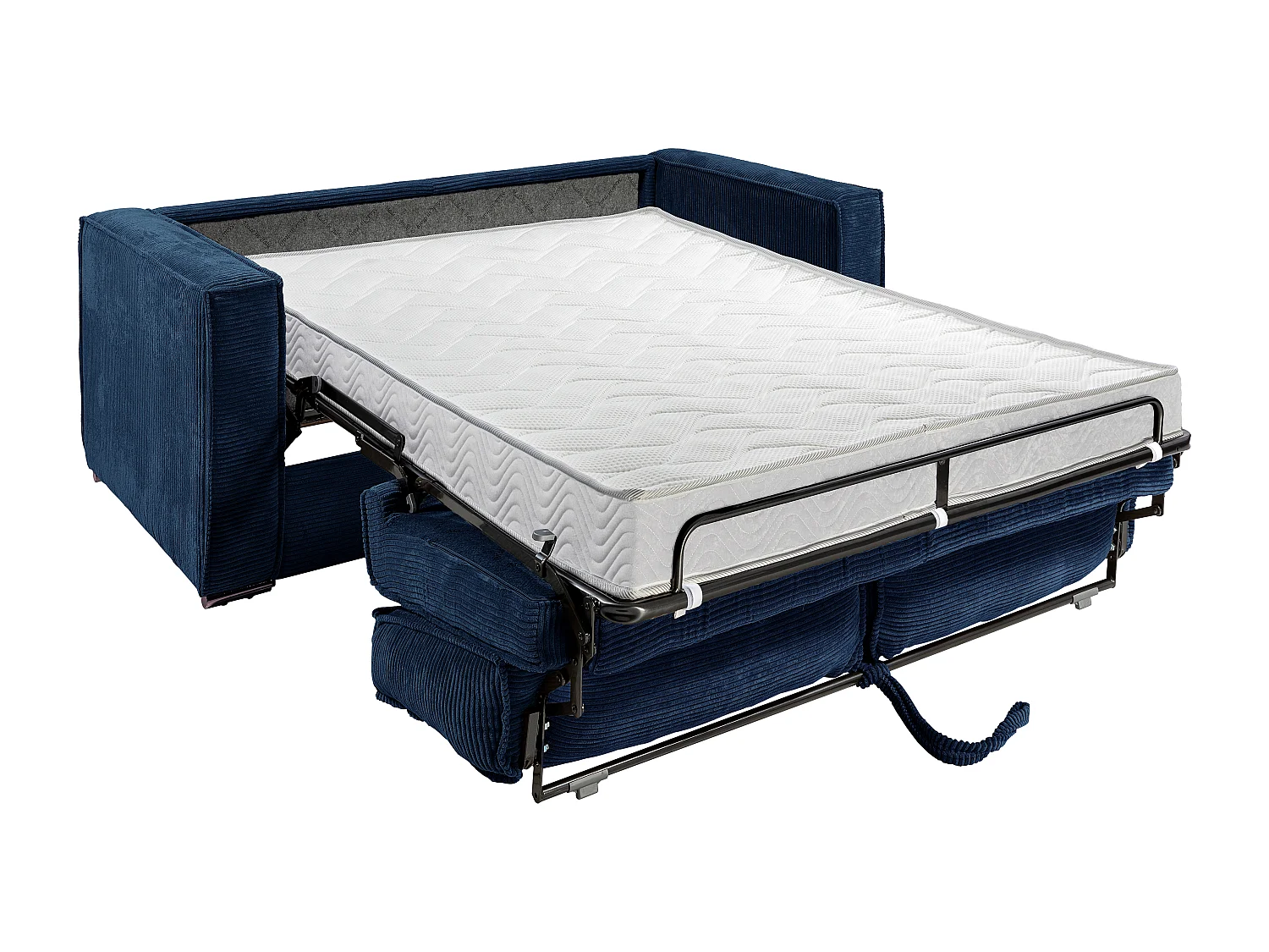 Express-driezitsslaapbank van blauw ribfluweel - Bed met brede latten 140 cm - Matras 14 cm LORETO