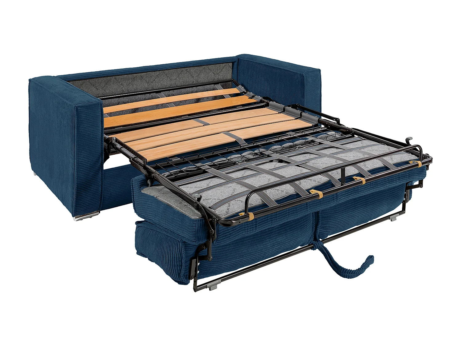 Canapé 3 places convertible express en velours côtelé bleu nuit - Couchage à lattes larges 140 cm - Matelas 14 cm LORETO