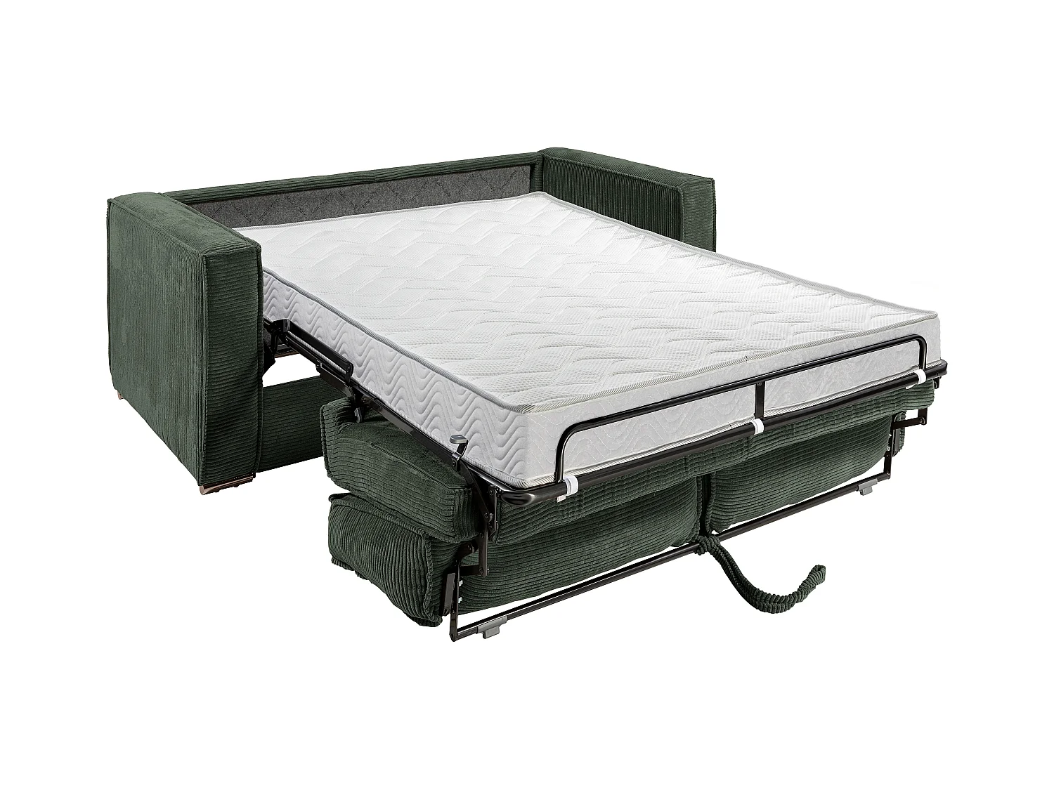 Canapé 3 places convertible express en velours côtelé vert sapin - Couchage à lattes larges 140 cm - Matelas 14 cm LORETO