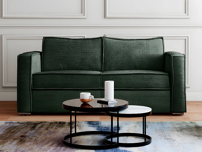 Express-driezitsslaapbank van spargroen ribfluweel - Bed met brede latten 140 cm - Matras 14 cm LORETO