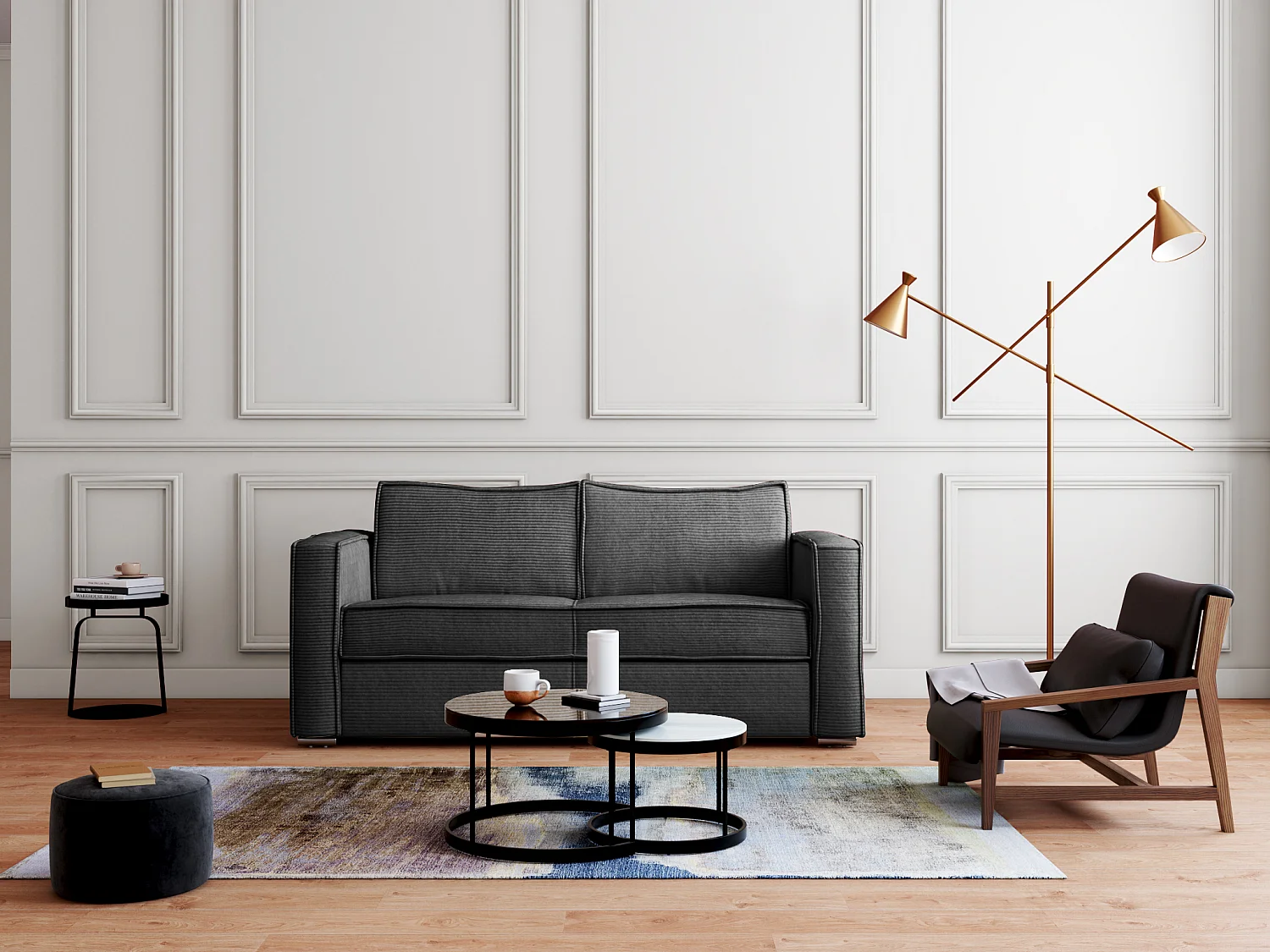 4-personers sovesofa med ekspresudtræk i grå antracit fløjlscord - Sengebund med brede lameller 160 cm - 14 cm madras LORETO