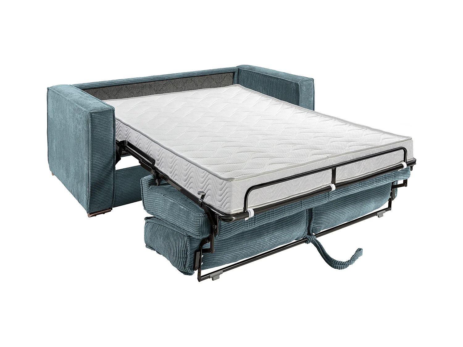 Express-vierzitsslaapbank van turquoise ribfluweel - Bed met brede latten 160 cm - Matras 14 cm LORETO