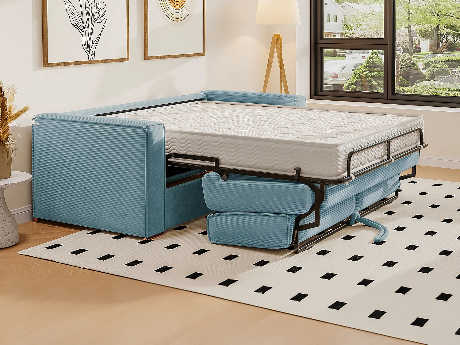Canapé 4 places convertible express en velours côtelé bleu turquoise - Couchage à lattes larges 160 cm - Matelas 14 cm LORETO