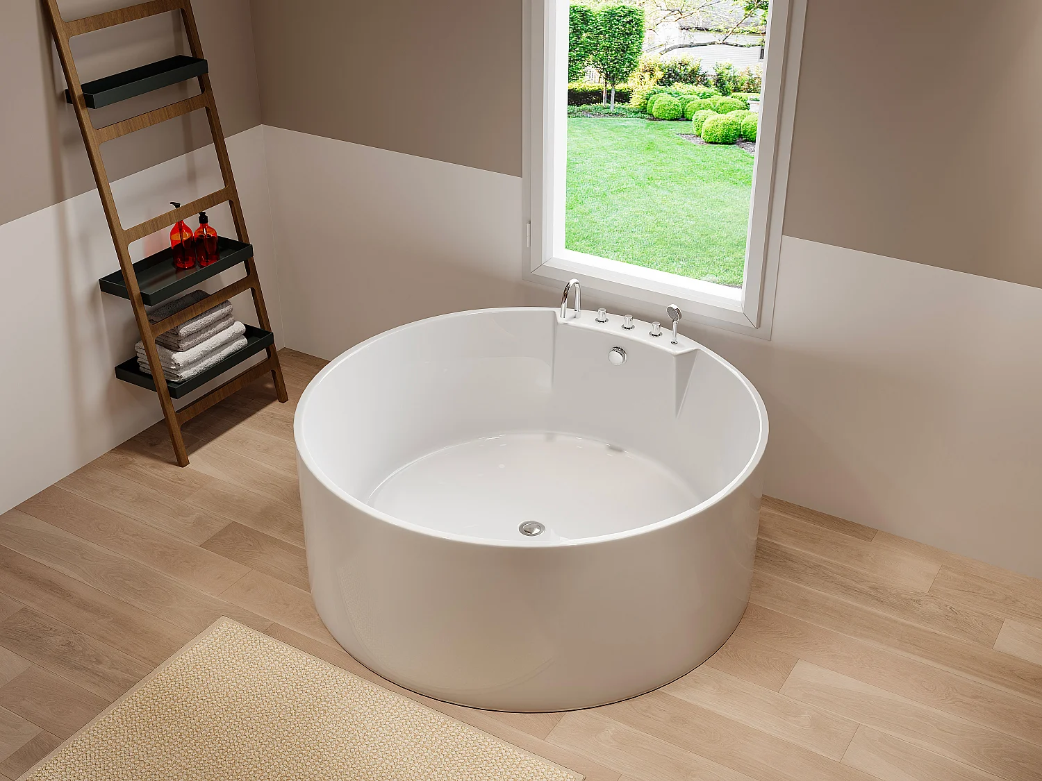 Baignoire îlot ronde avec robinetterie - 373 L - 150 x 150 x 58 cm - Blanche - LINDA