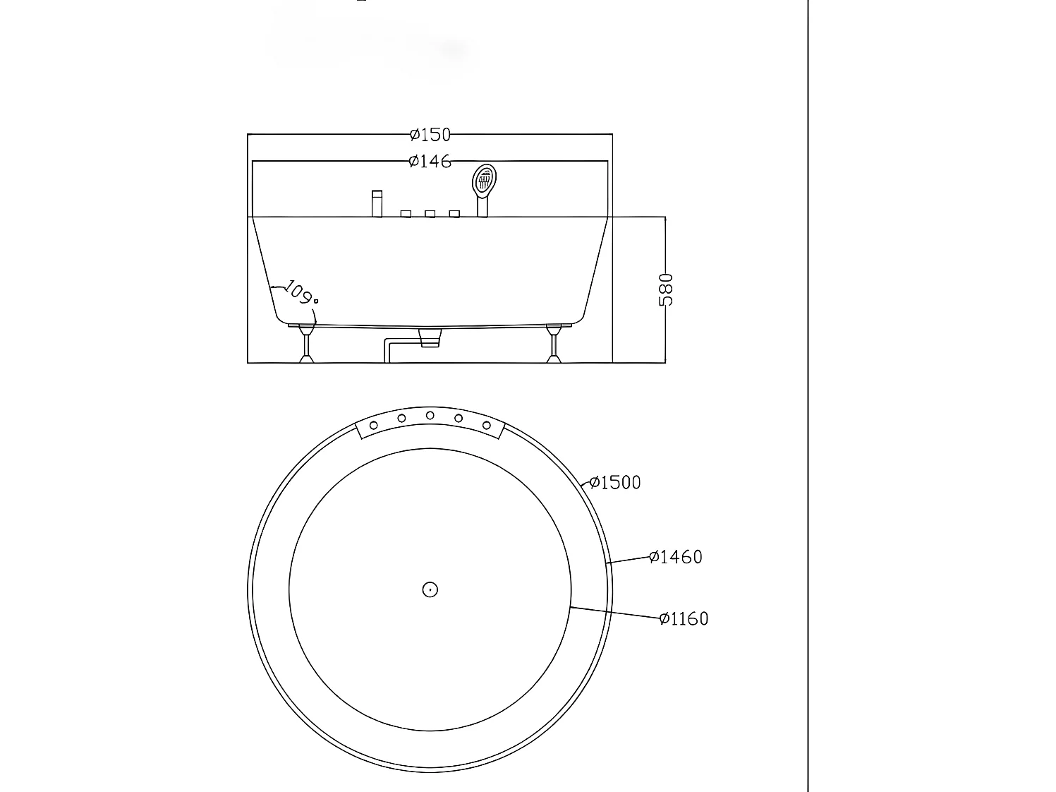 Baignoire îlot ronde avec robinetterie - 373 L - 150 x 150 x 58 cm - Blanche - LINDA