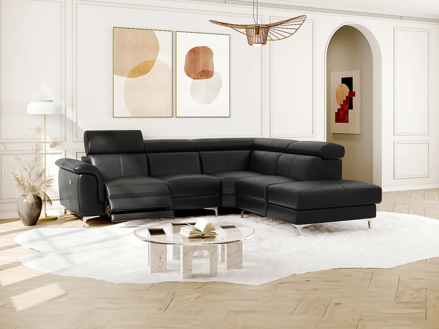 Canapé d'angle relax électrique en cuir SITIA - Noir - Angle droit