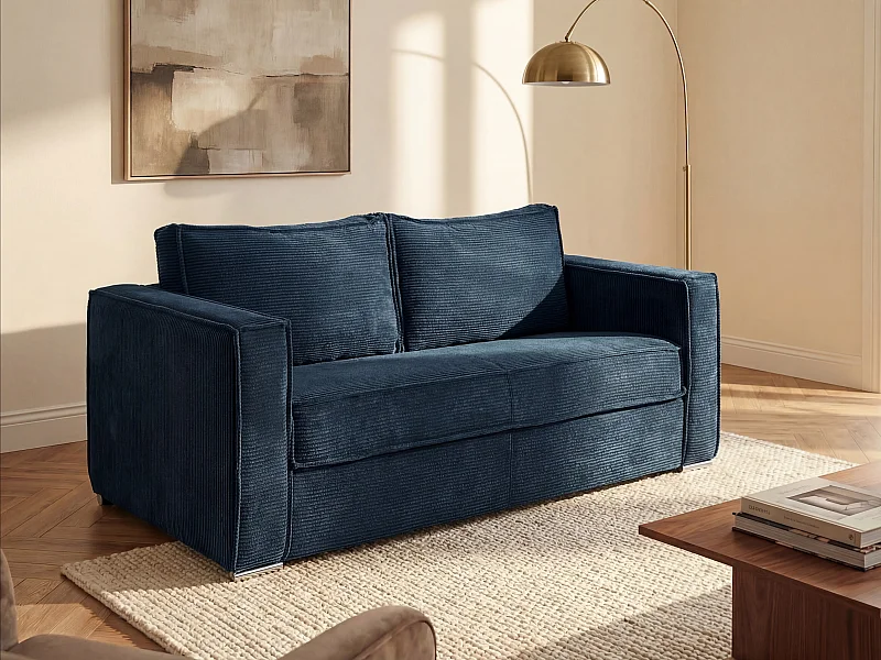 Sofá cama de 3 plazas con apertura italiana de pana azul - Cama con láminas anchas de 140 cm - Colchón de 18 cm LORETO