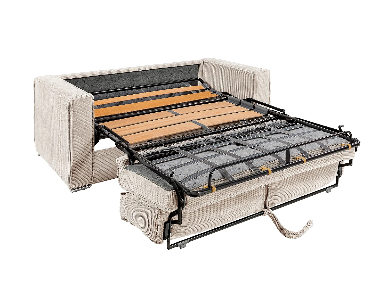 Vierzitsslaapbank express van beige ribfluweel - Bed met brede latten 160 cm - Matras 18 cm LORETO