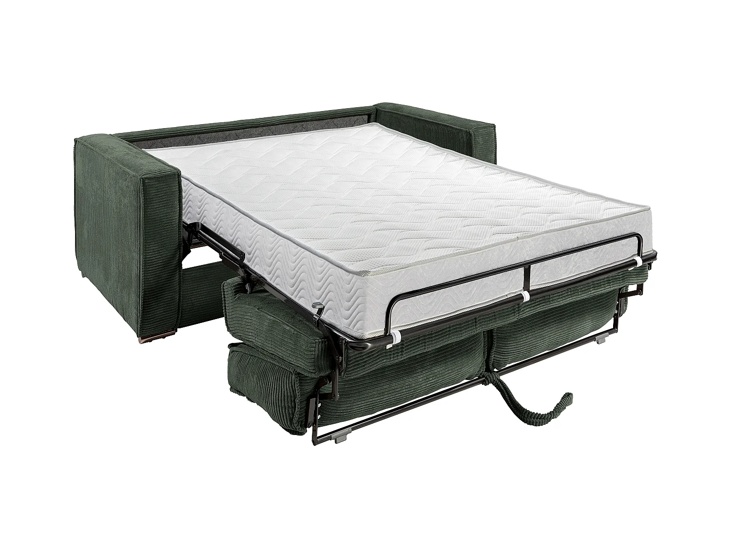 Sofá de 4 lugares convertível abertura rápida veludo canelado verde pinho, cama de ripas largas 160 cm e colchão 18 cm - LORETO