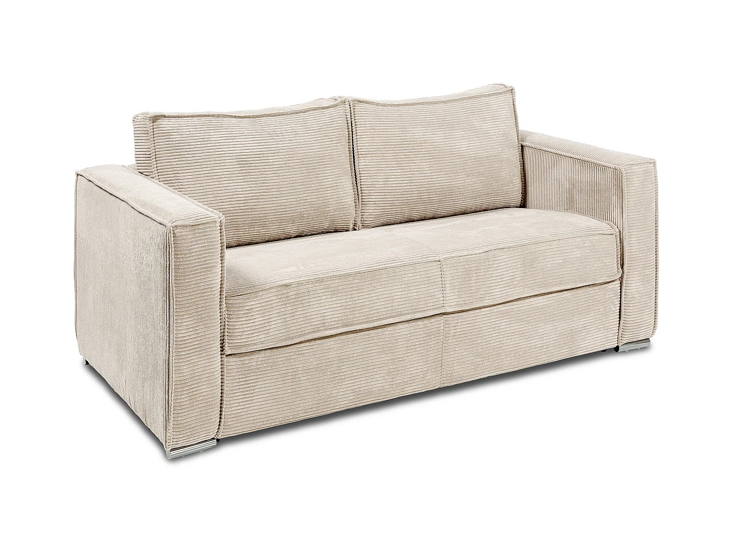Express-driezitsslaapbank van beige ribfluweel - Bed met brede latten 140 cm - Matras met vormgeheugen 22 cm LORETO