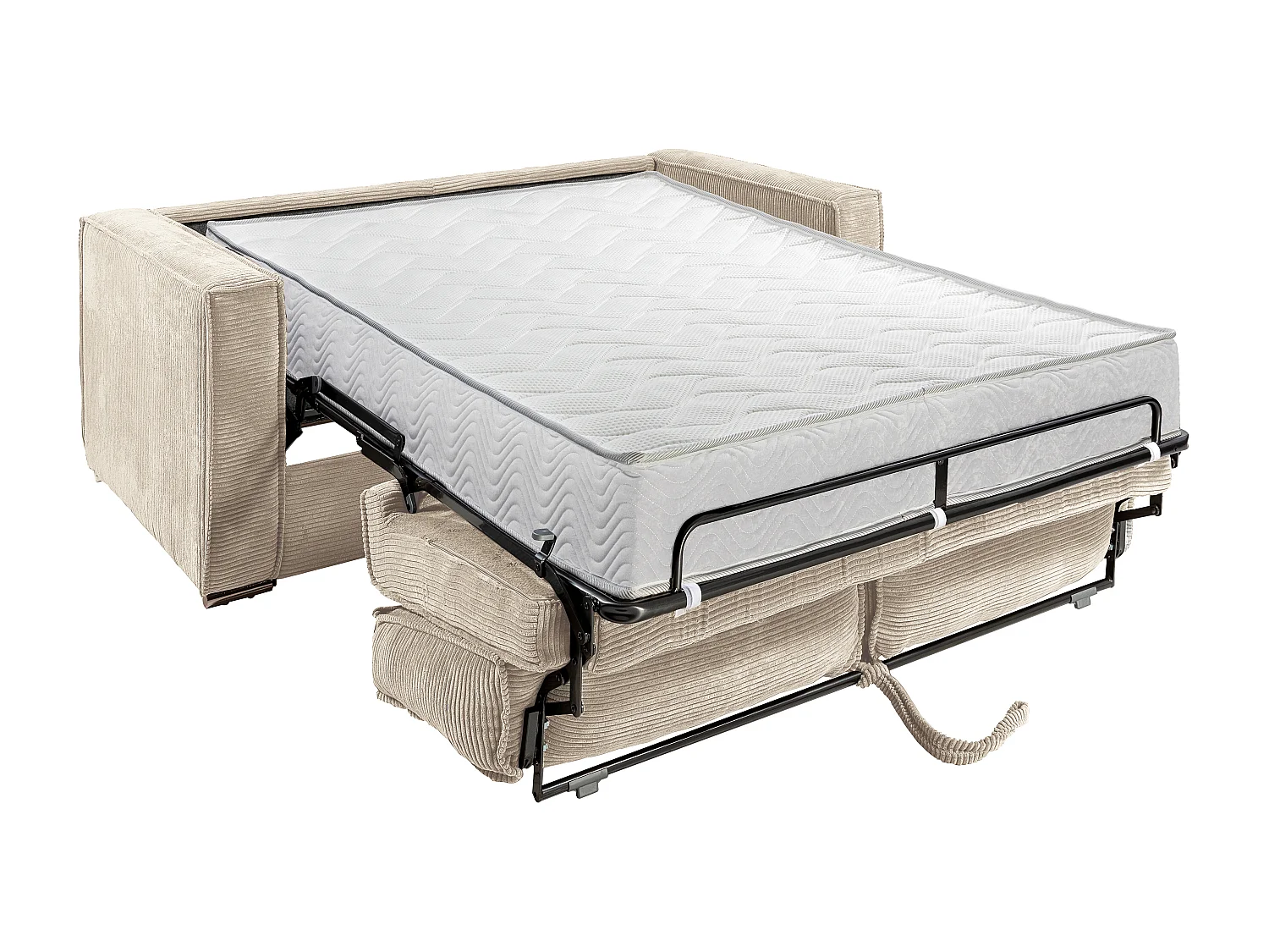 Canapé 3 places convertible express en velours côtelé beige - Couchage à lattes larges 140 cm - Matelas 22 cm avec mémoire de forme LORETO