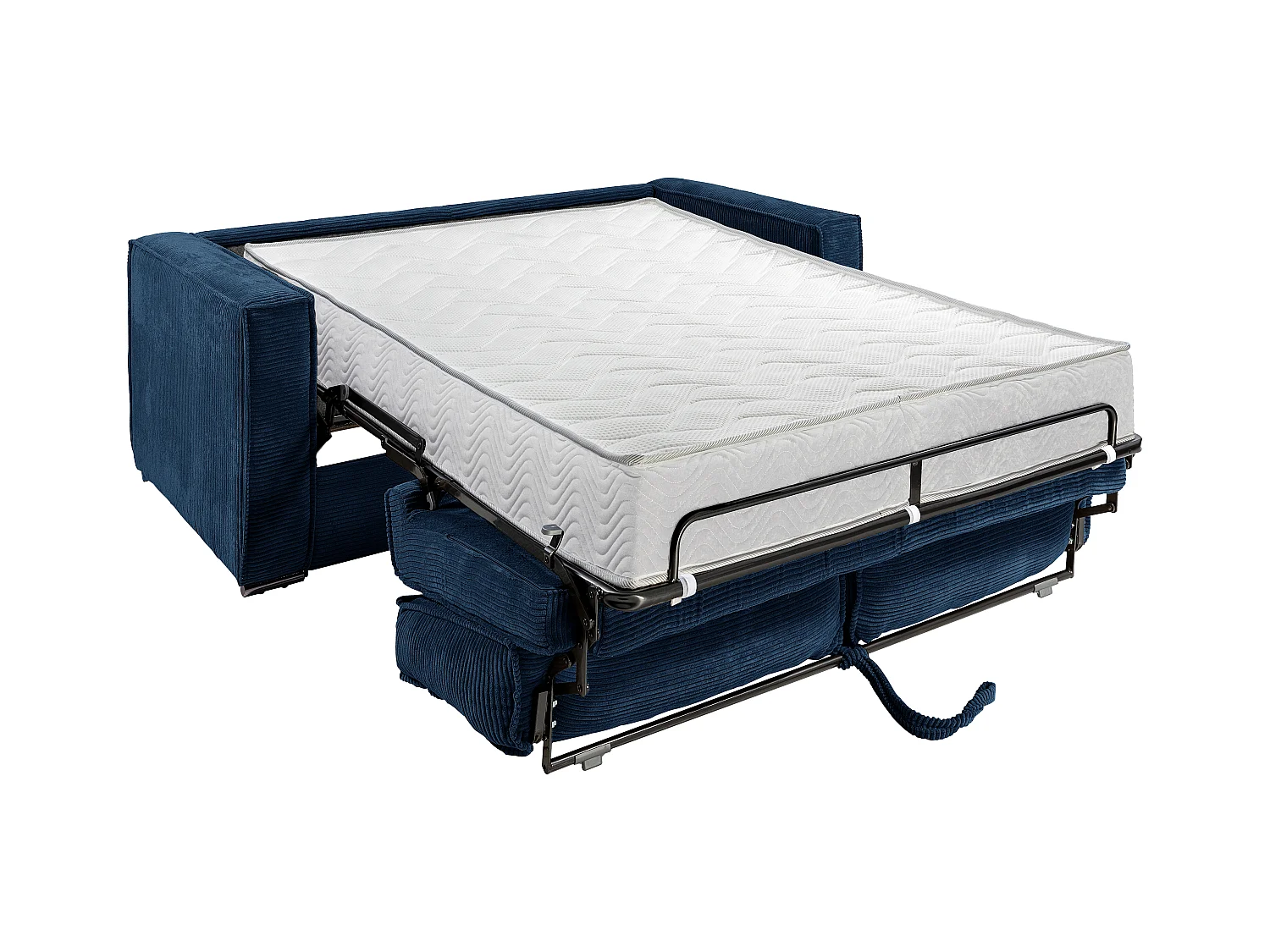 Express-driezitsslaapbank van blauw ribfluweel - Bed met brede latten 140 cm - Matras met vormgeheugen 22 cm LORETO