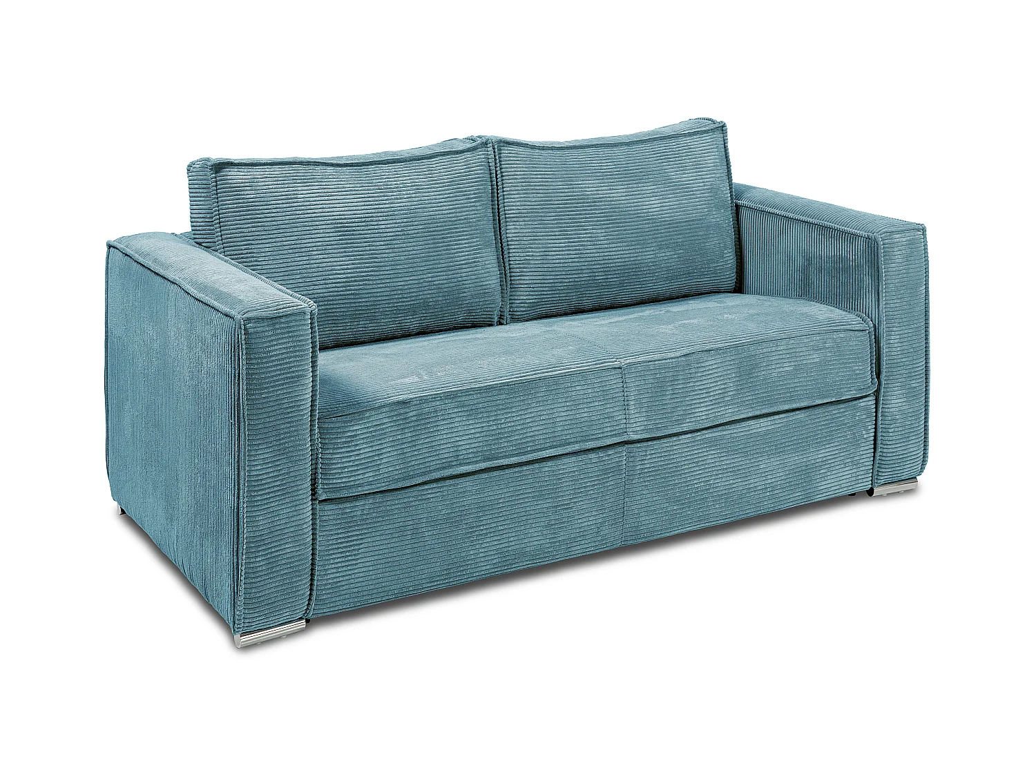 Canapé 3 places convertible express en velours côtelé bleu turquoise - Couchage à lattes larges 140 cm - Matelas 22 cm avec mémoire de forme LORETO