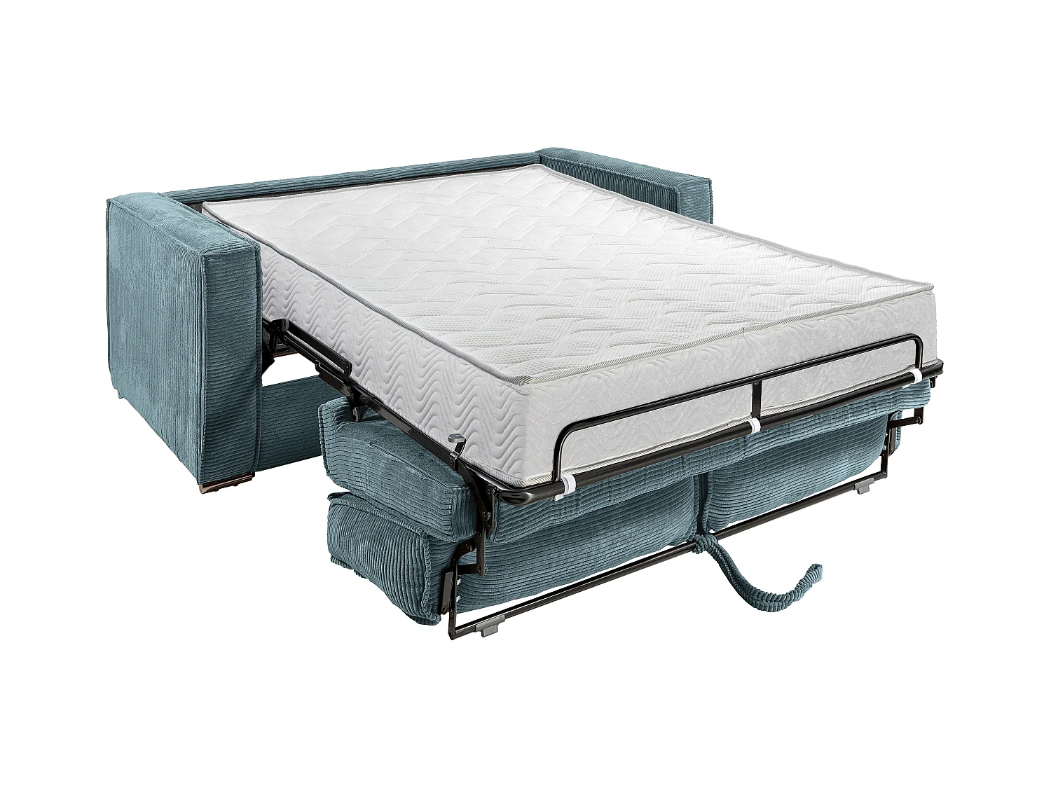 Canapé 3 places convertible express en velours côtelé bleu turquoise - Couchage à lattes larges 140 cm - Matelas 22 cm avec mémoire de forme LORETO