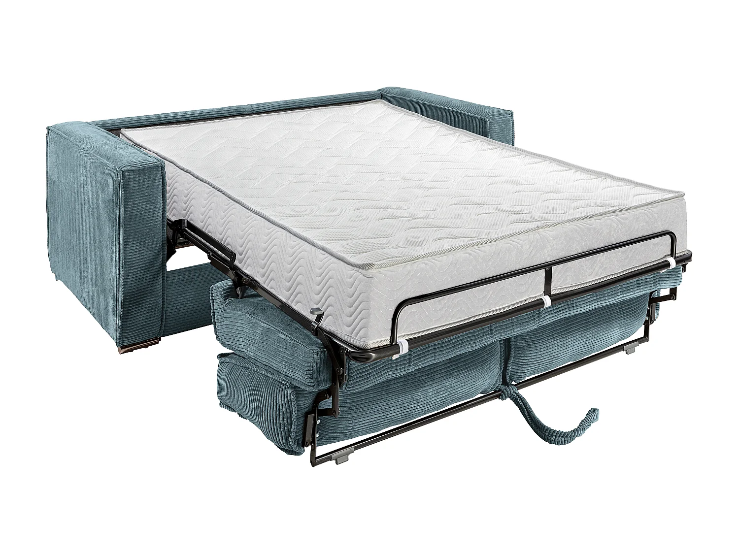 Canapé 3 places convertible express en velours côtelé bleu turquoise - Couchage à lattes larges 140 cm - Matelas 22 cm avec mémoire de forme LORETO