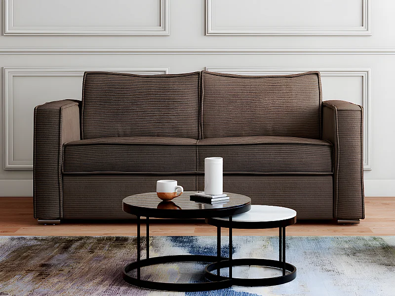 Express-driezitsslaapbank van bruin ribfluweel - Bed met brede latten 140 cm - Matras met vormgeheugen 22 cm LORETO