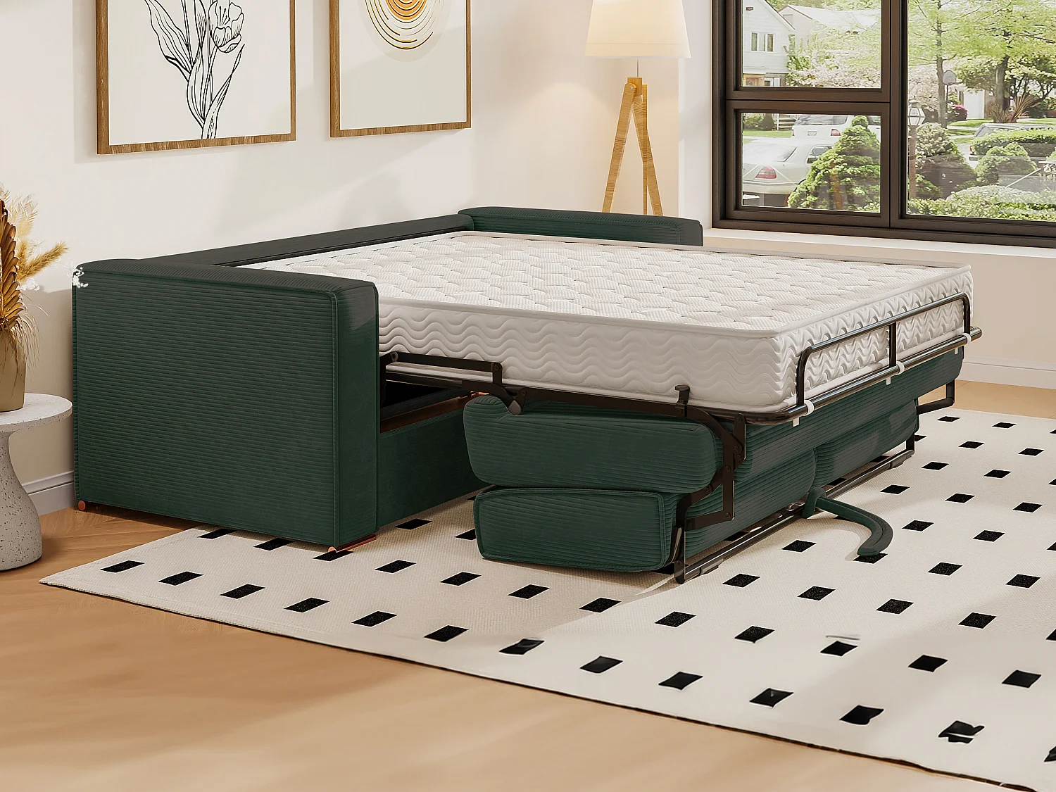 Canapé 3 places convertible express en velours côtelé vert sapin - Couchage à lattes larges 140 cm - Matelas 22 cm avec mémoire de forme LORETO