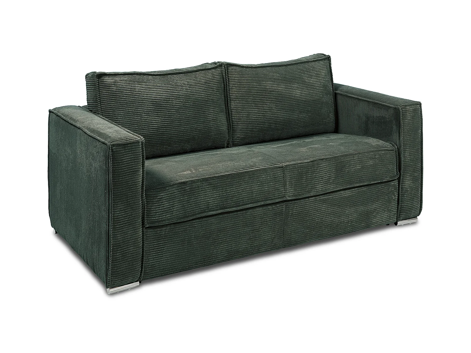 Canapé 3 places convertible express en velours côtelé vert sapin - Couchage à lattes larges 140 cm - Matelas 22 cm avec mémoire de forme LORETO