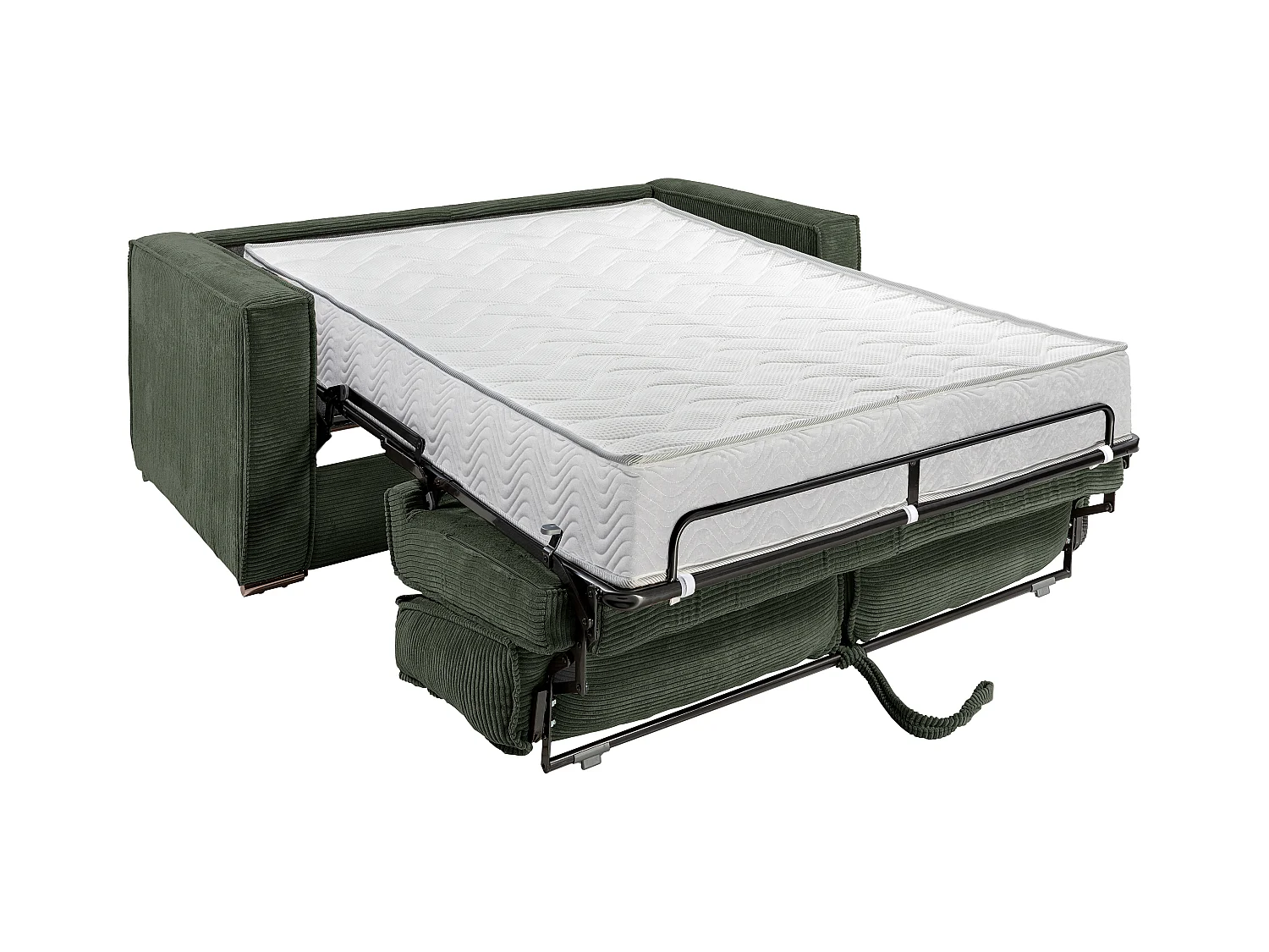 Canapé 3 places convertible express en velours côtelé vert sapin - Couchage à lattes larges 140 cm - Matelas 22 cm avec mémoire de forme LORETO