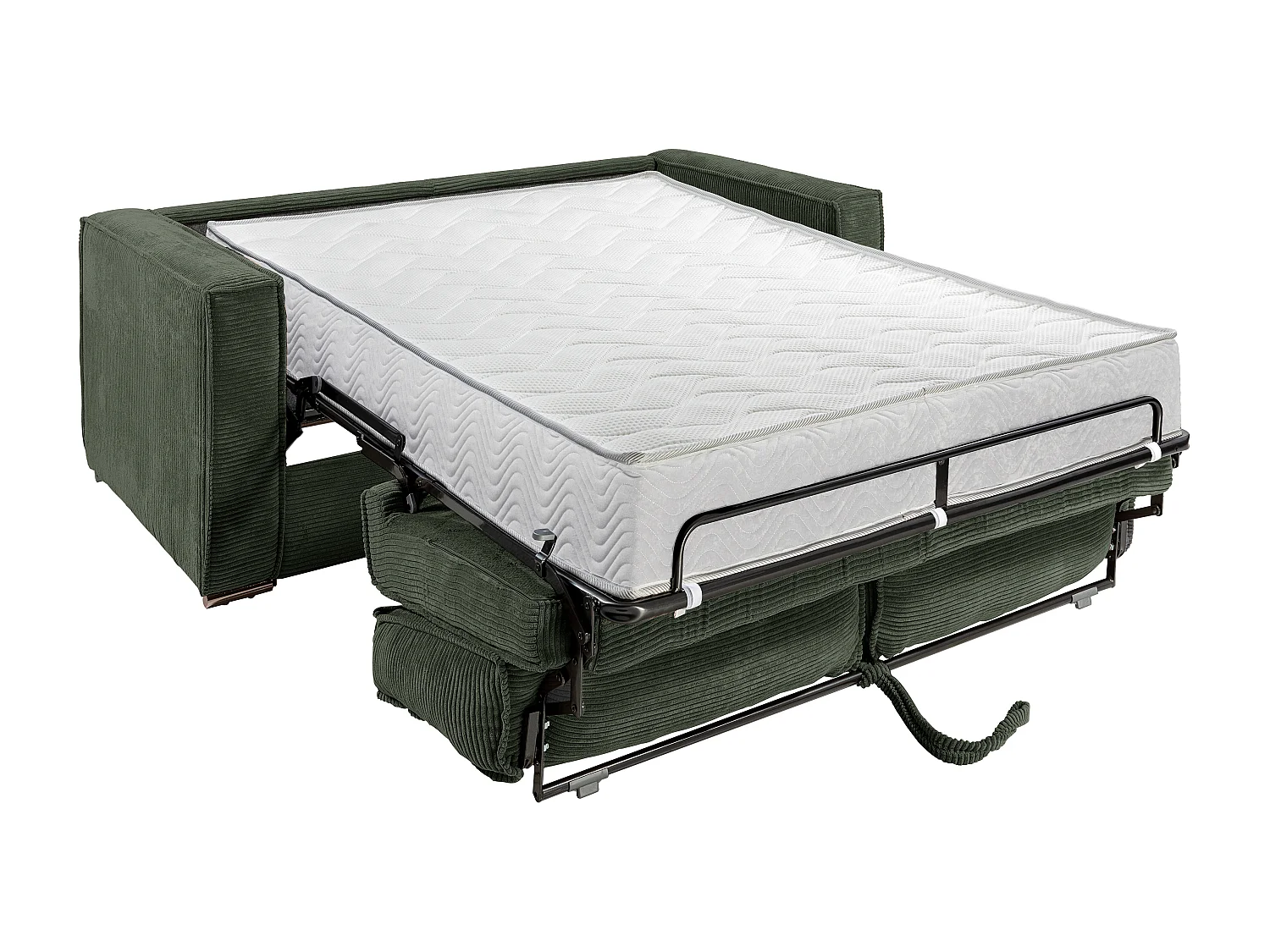 Canapé 3 places convertible express en velours côtelé vert sapin - Couchage à lattes larges 140 cm - Matelas 22 cm avec mémoire de forme LORETO