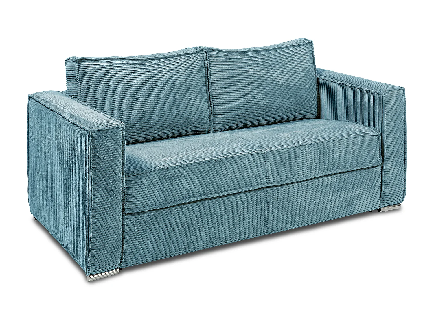 Canapé 4 places convertible express en velours côtelé bleu turquoise - Couchage à lattes larges 160 cm - Matelas 22 cm avec mémoire de forme LORETO