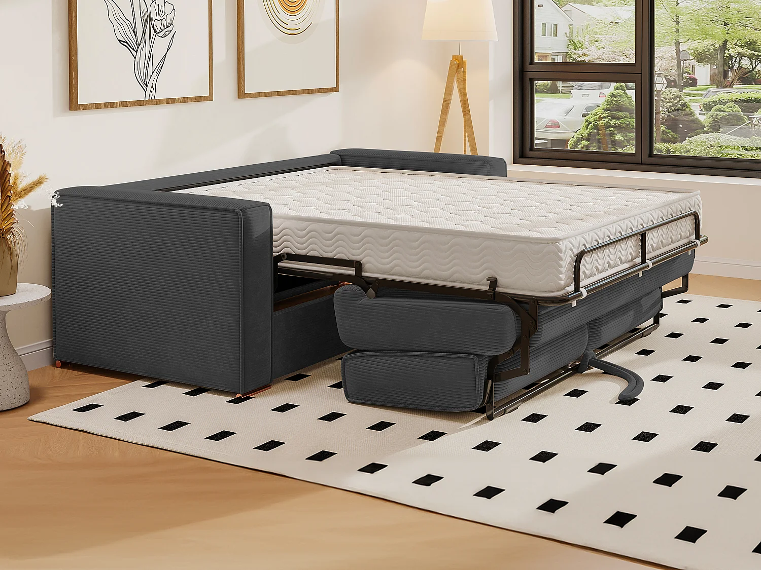 Express-driezitsslaapbank van antracietgrijs ribfluweel - Bed 140 cm - Matras 18 cm LORETO