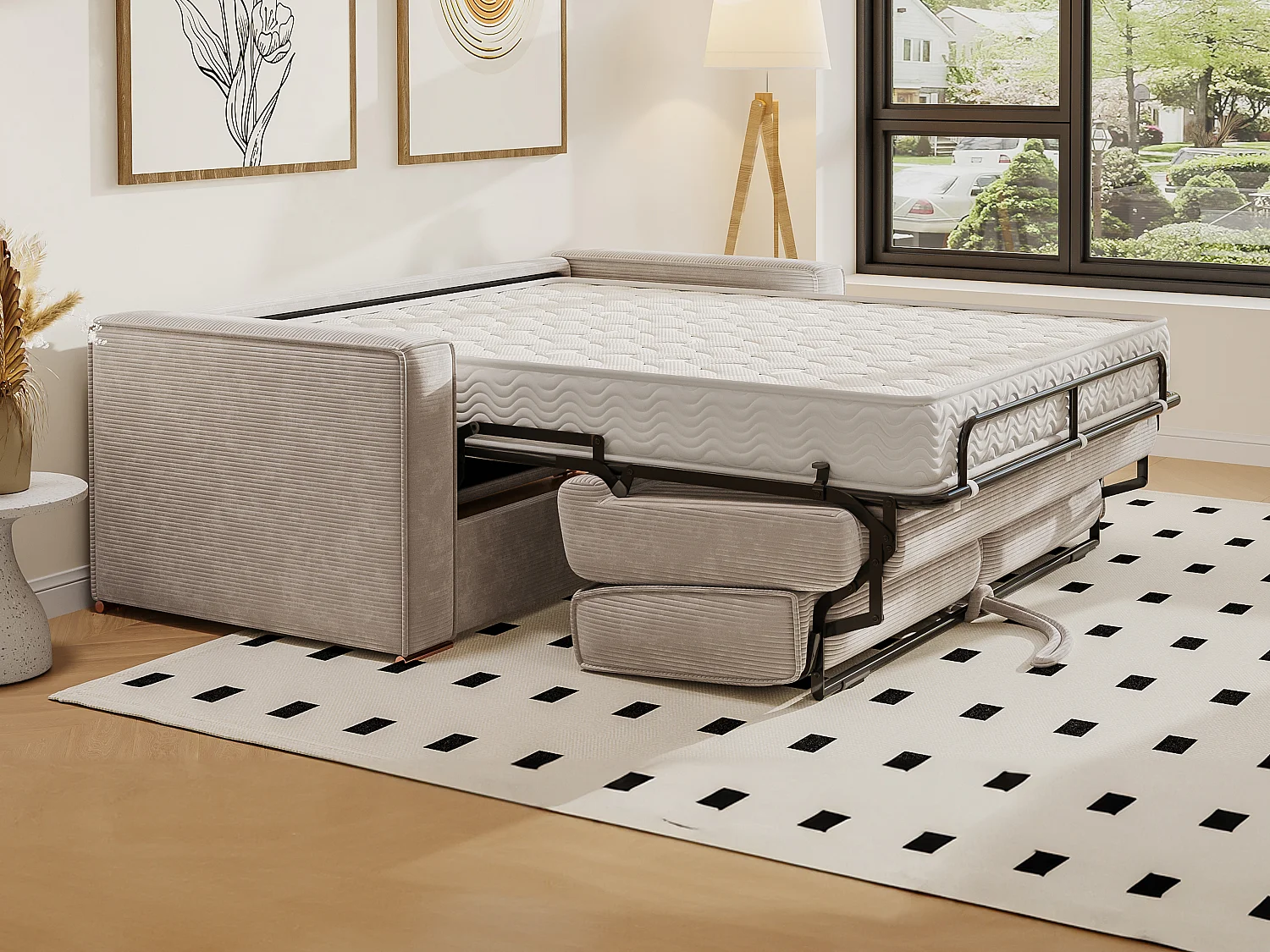 Express-driezitsslaapbank van beige ribfluweel - Bed 140 cm - Matras 18 cm LORETO