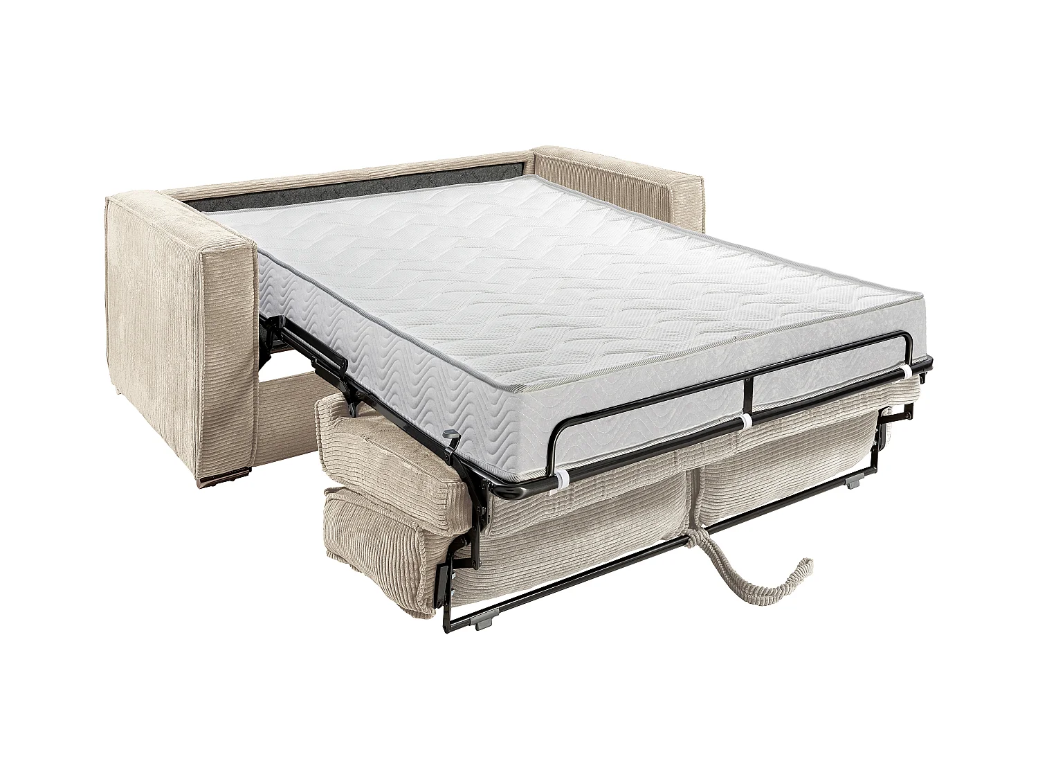 Express-driezitsslaapbank van beige ribfluweel - Bed 140 cm - Matras 18 cm LORETO