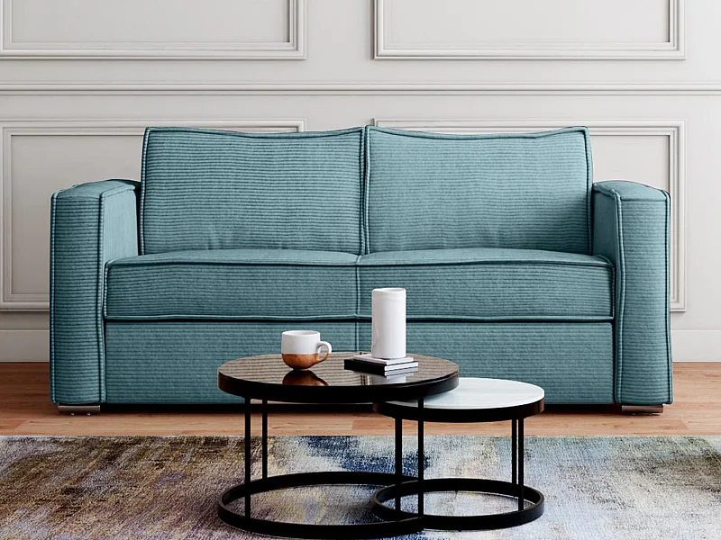 Canapé 3 places convertible express en velours côtelé bleu turquoise - Couchage 140 cm - Matelas 18 cm LORETO